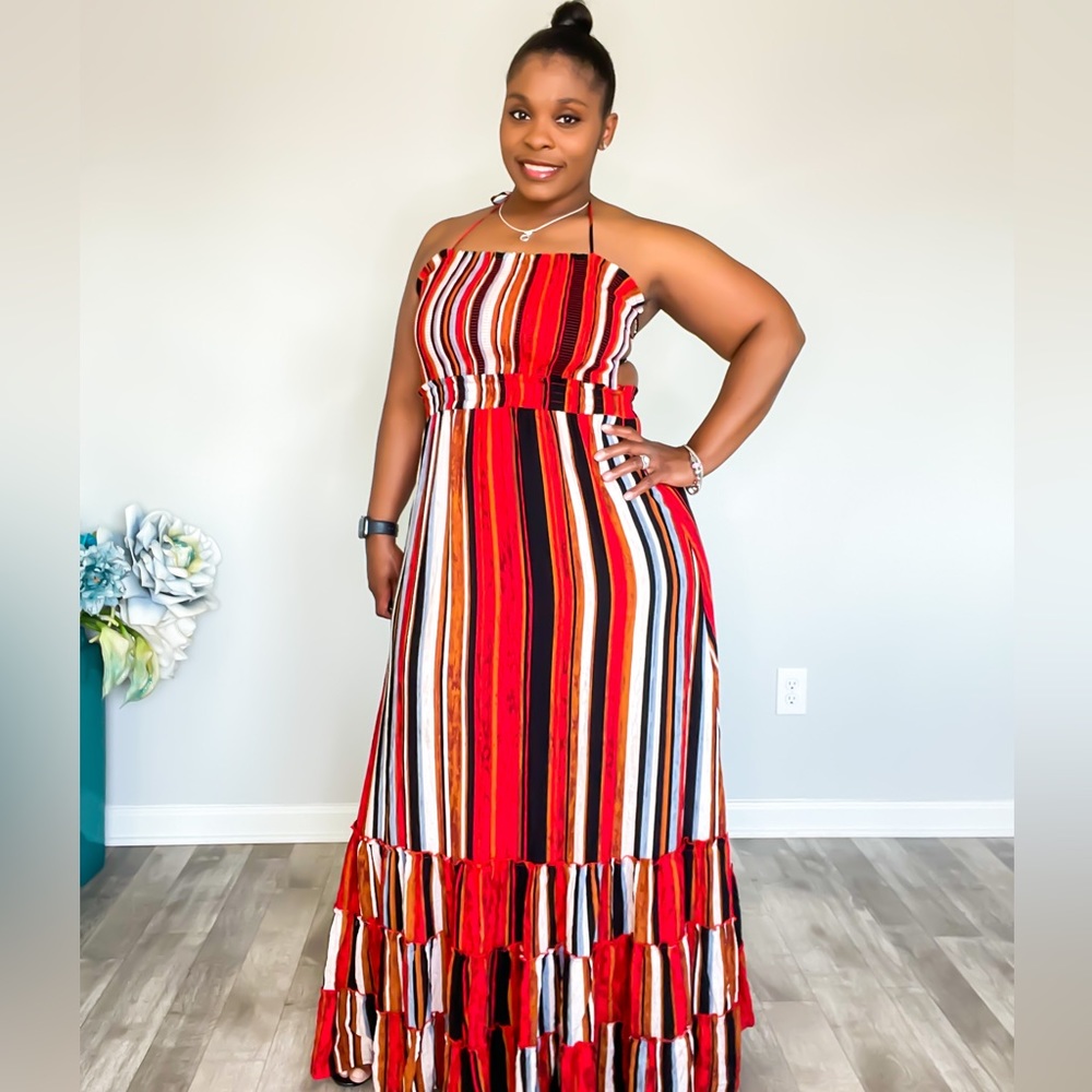 Red Multi-Color Smocked Maxi Dress